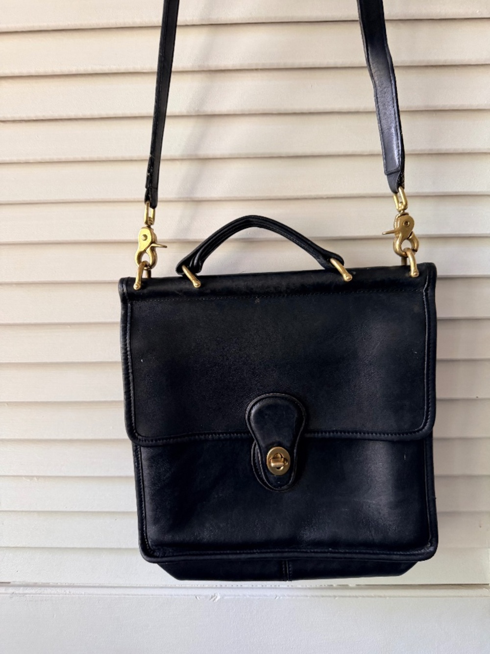 Vintage Coach Black Leather Briefcase Messenger Bag Brass Turnlock Crossbody US